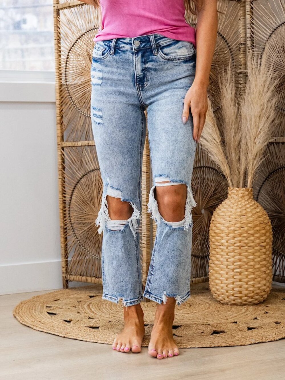 LOVERVET High-Rise Cambria Distressed Acid Wash Crop Straight Jeans